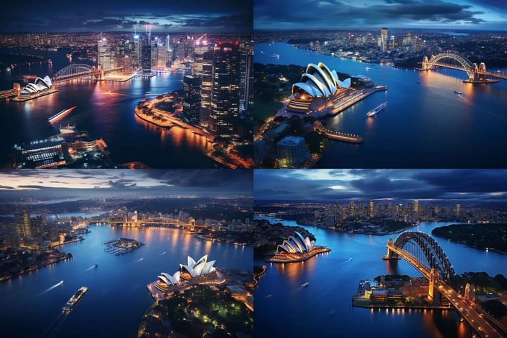 aerial photography of Sydney, beautiful architecture, stunning view, city lights, blue hour