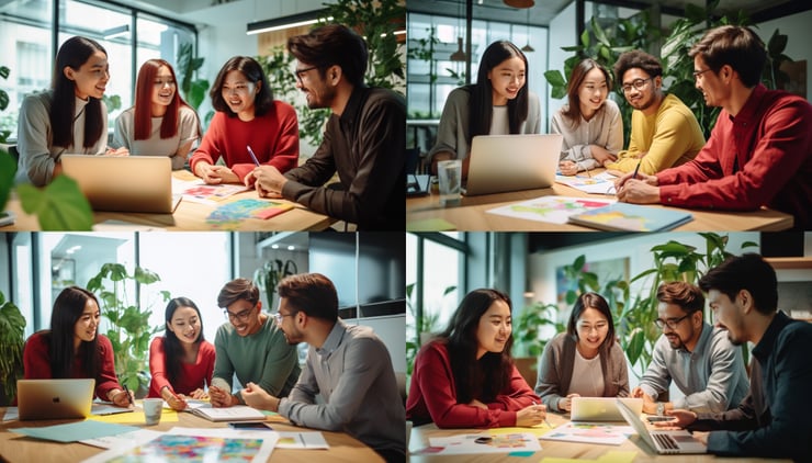 Casual photograph of a diverse team collaborating, candid, happy, neutral tones, wearing red green and yellow clothes, warm, natural daylight, set in a bright office, vivid colours red green