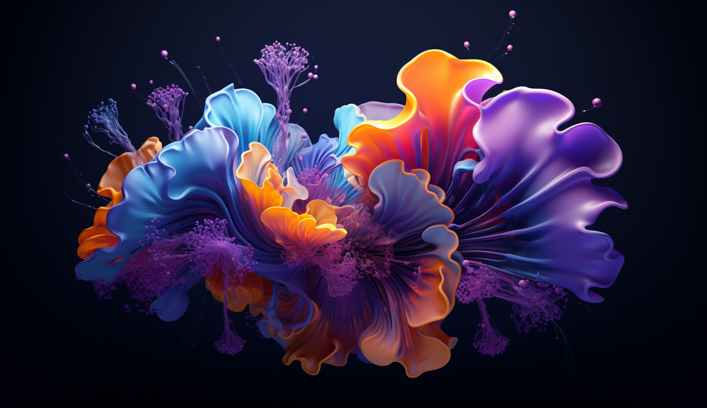 3d hyper sureal, bio elements, purple and blue gradient, bio elements, coral, dark gradient background, sureal, abstract, in the style of david mcleod, detailed imagery, organic form, deconstructed objects, vibrant, photorealistic, 32k, UHD