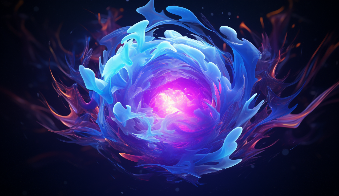 Purple and blue gradient ball exploding, organic shape, in the style of fluid, glass - like sculptures, vibrant, photorealistic, 32k uhd, painted illustrations, luminous scenes, musical color fields, dark gradient background, Rus Khasanov style