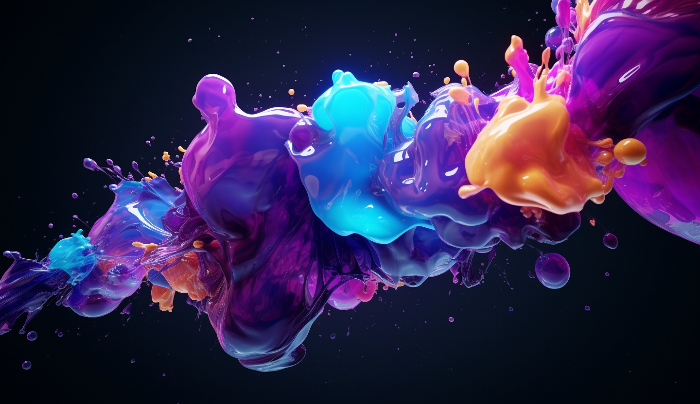 Surreal 3d cosmic purple and blue gradient abstract elements, chrome, foam, ink, style of ball explosive, fantastical, textured forms, yellow and pink particles, high resolution, purple to black background 4K