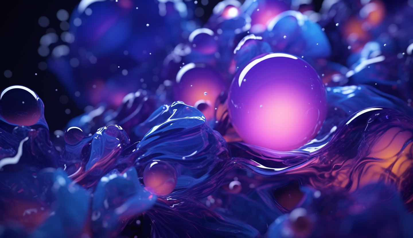 Surreal 3d purple and blue gradient abstract elements chrome, foam ink, style of ball explosive, fantastical, textured forms, high resolution, gradient to black background 4K,