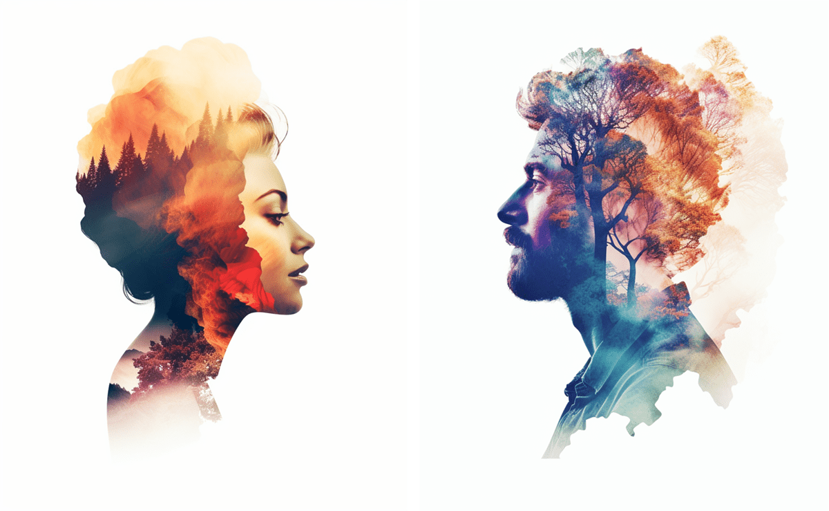 Double exposure photography of  man or woman and the spectacular colourful nature