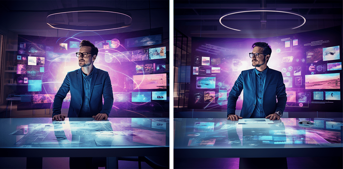 Surreal photography of a man in his late 30s, looking at creative marketing graphic digital designs on a large floor to ceiling monitor glass screen, creating a sense of happiness and satisfaction, wearing business casual clothes, in a modern office, blue and purple gradient lighting, in the style of biomorphic forms, cryengine, meticulous photorealistic still lifes, molecular structures