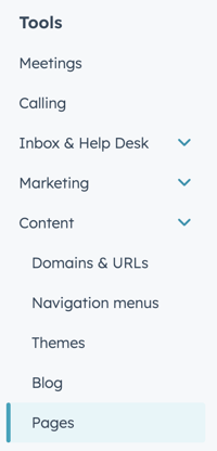 Screenshot of the left menu panel on HubSpot portal, highlighting the Pages link