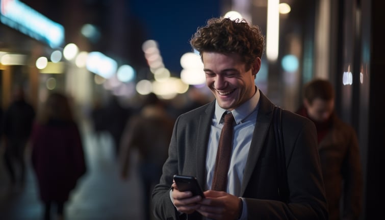 Candid hero shot of a professional looking at their phone, confident and with a smile, in the middle of people walking