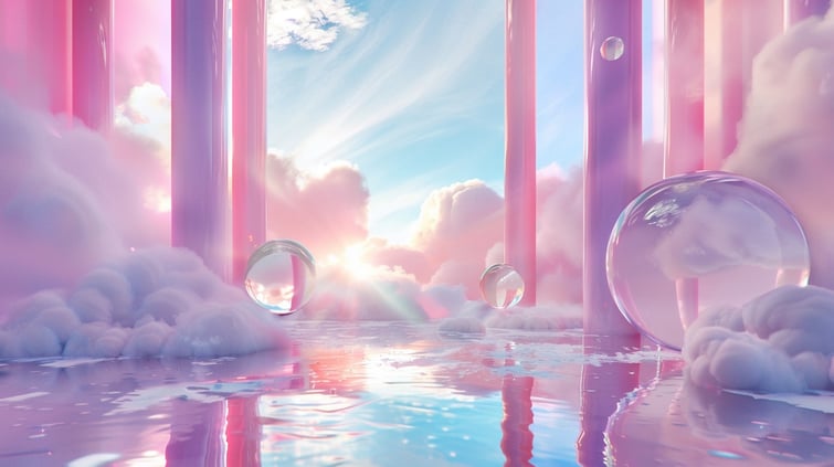 surreal modern office background, meeting background, surreal with candy clouds and bubbles, dreamy --ar 16:9