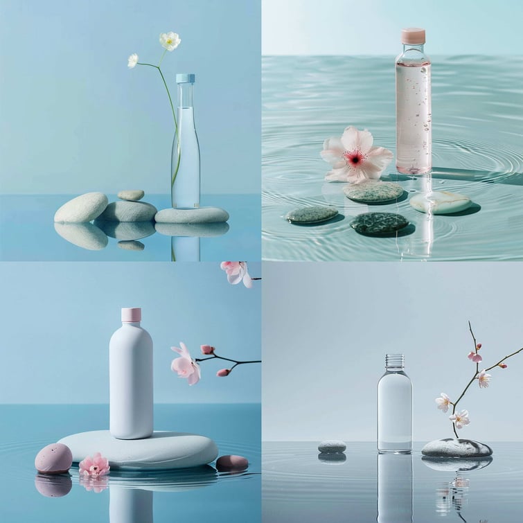 Minimal Product photography of a water bottle standing on a water surface, with flower and stones natural lighting with chaos of 1