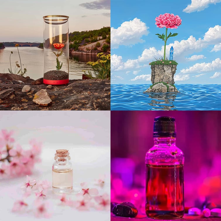 Minimal Product photography of a water bottle standing on a water surface, with flower and stones natural lighting with chaos of 100