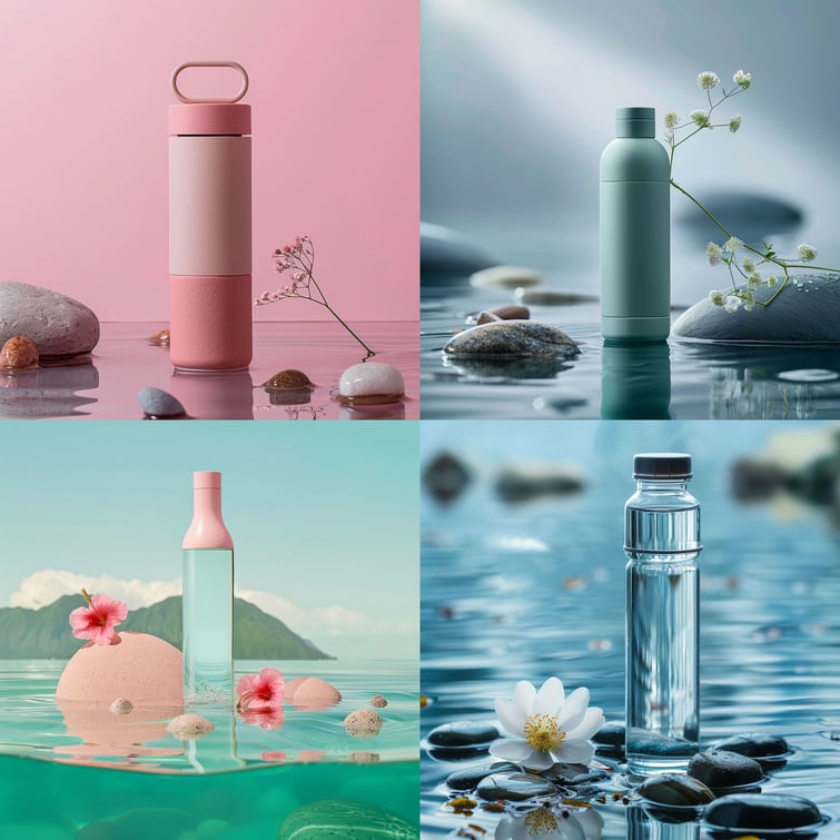 Minimal Product photography of a water bottle standing on a water surface, with flower and stones natural lighting with chaos of 20