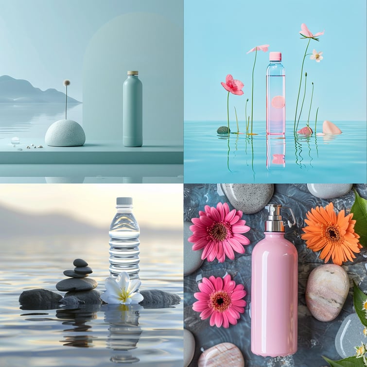 Minimal Product photography of a water bottle standing on a water surface, with flower and stones natural lighting with chaos of 40