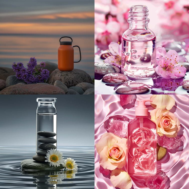 Minimal Product photography of a water bottle standing on a water surface, with flower and stones natural lighting with chaos of 60