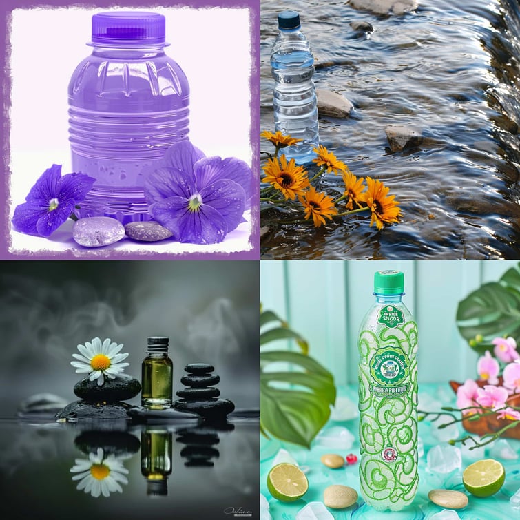 Minimal Product photography of a water bottle standing on a water surface, with flower and stones natural lighting with chaos of 80