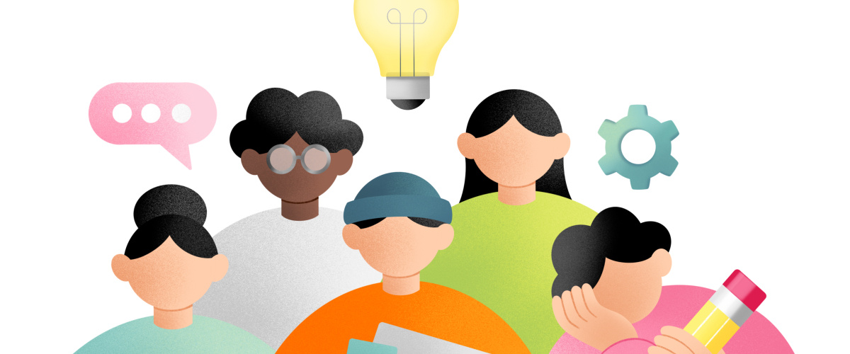 Illustration of a diverse group of people with creative elements like a light bulb and chat bubble, representing collaborative and innovative ideas in explainer videos.