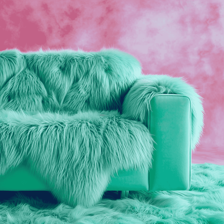 Mint green Fur textured Couch, retro pink and aqua background, surreal --v 6.0