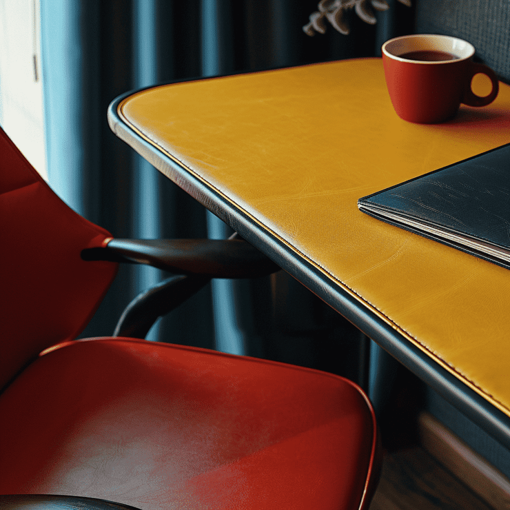 Leather study table, cinematic image, red, yellow, black, blue colors, leather texture