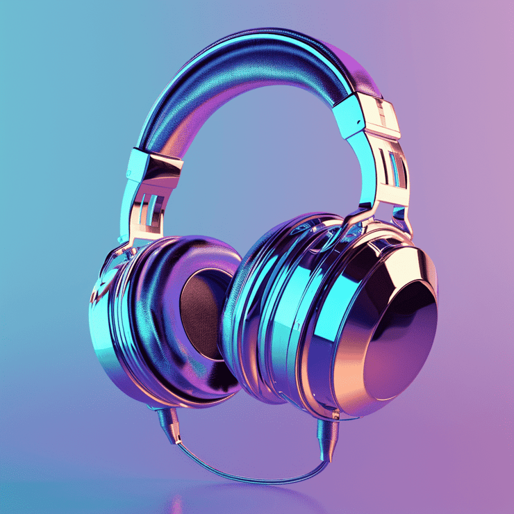 3D metallic headphones, floating in blue and purple background, surreal, futuristic