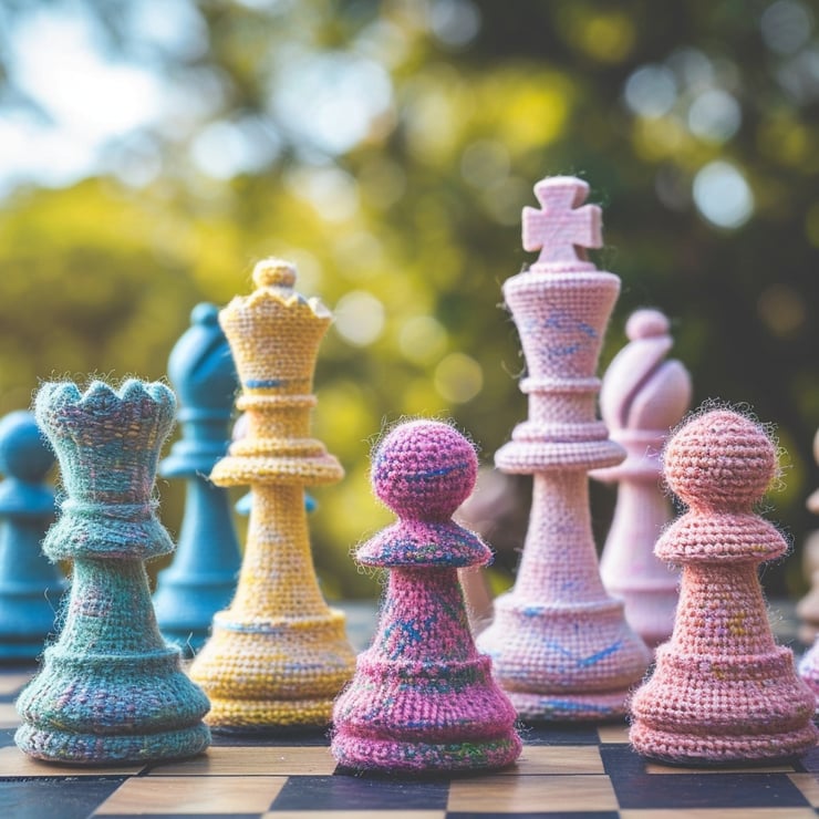 Chess pieces made of wool, pastel colors, blurred outdoor background 6.0
