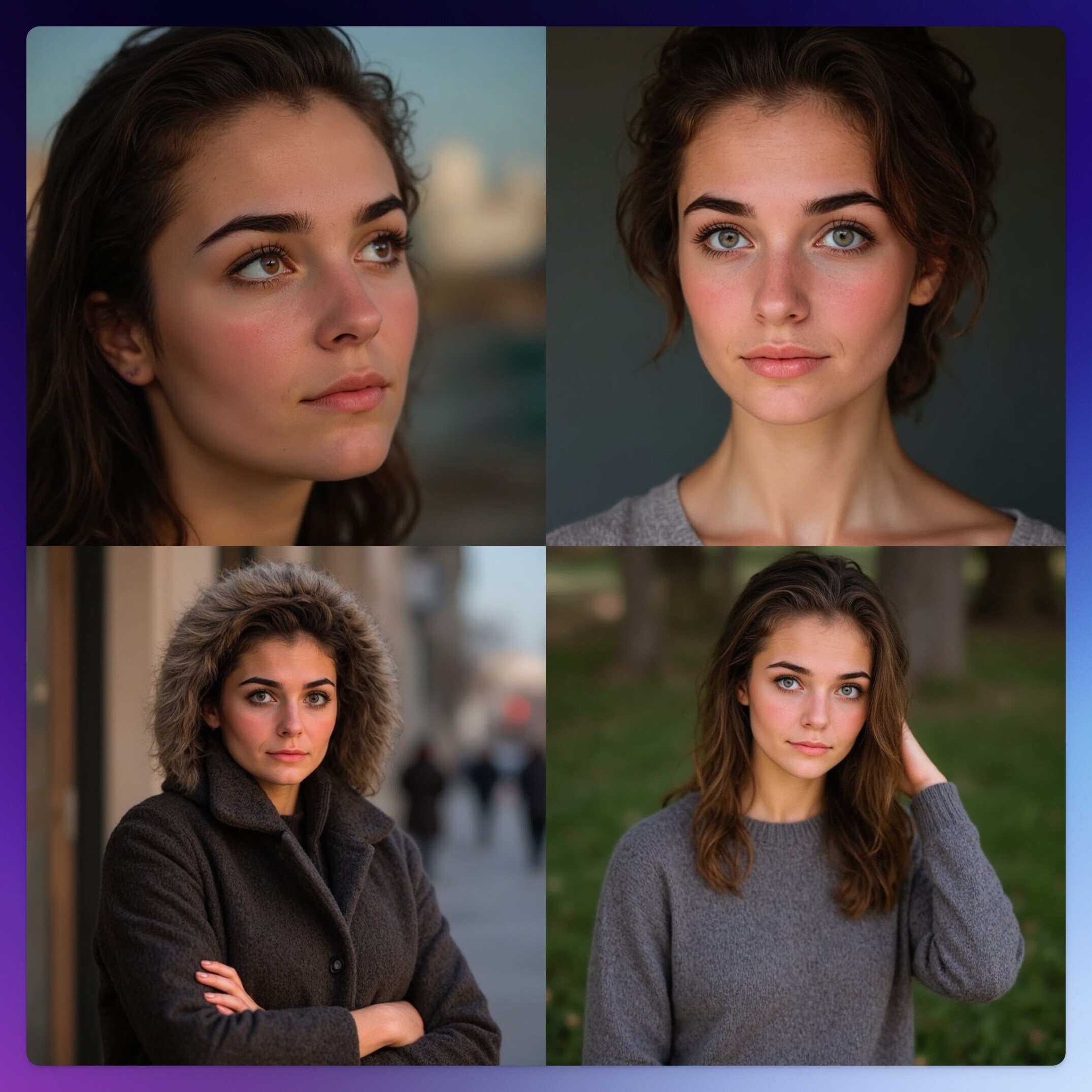 Four AI-generated images of a woman in various settings, created using FLUX by @fofrAI on X. This persona is 0_1.webp.