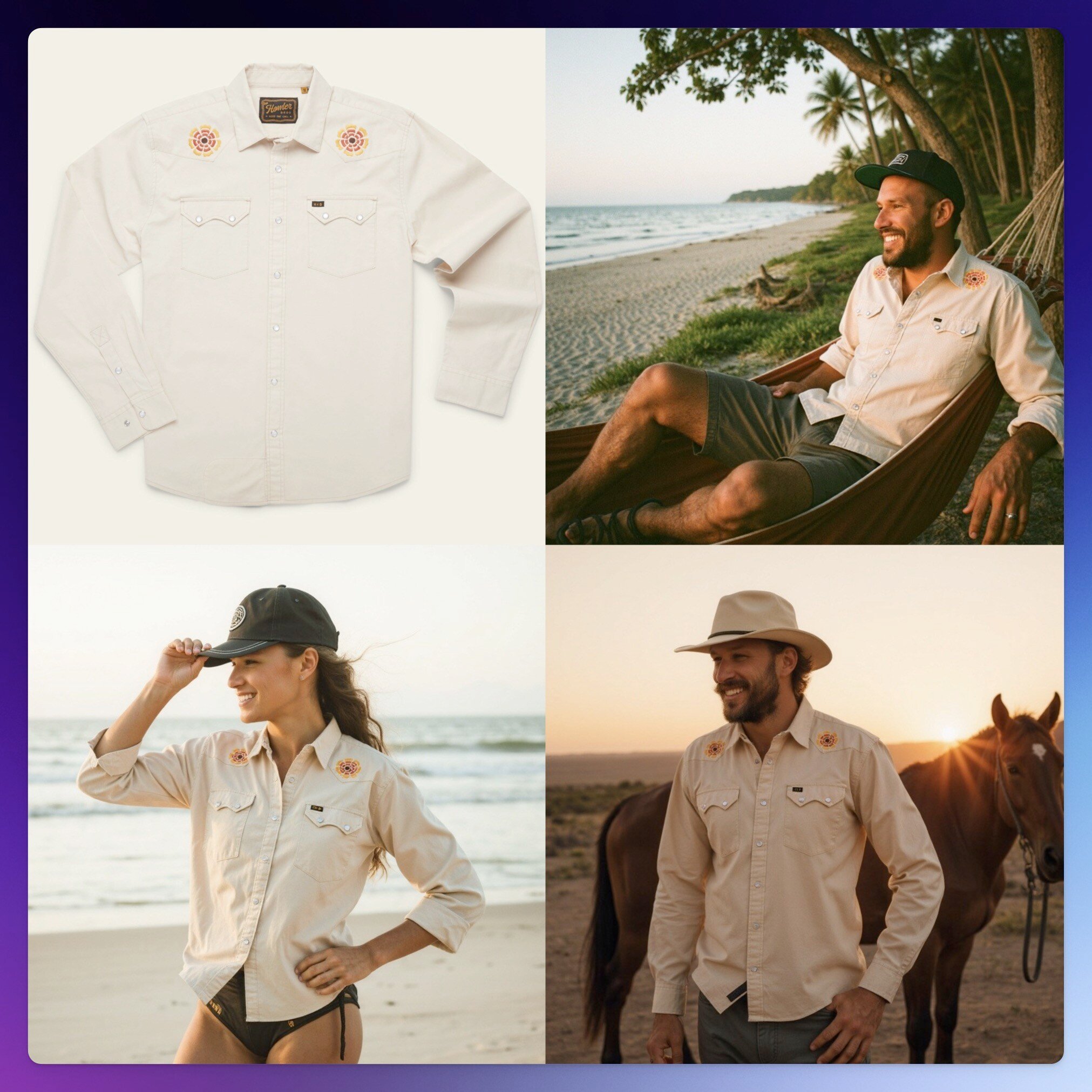 Four images showing a tan embroidered button-up shirt, both as a product and worn outdoors by men and women. Featured by everart.ai founder Pietro Schirano.