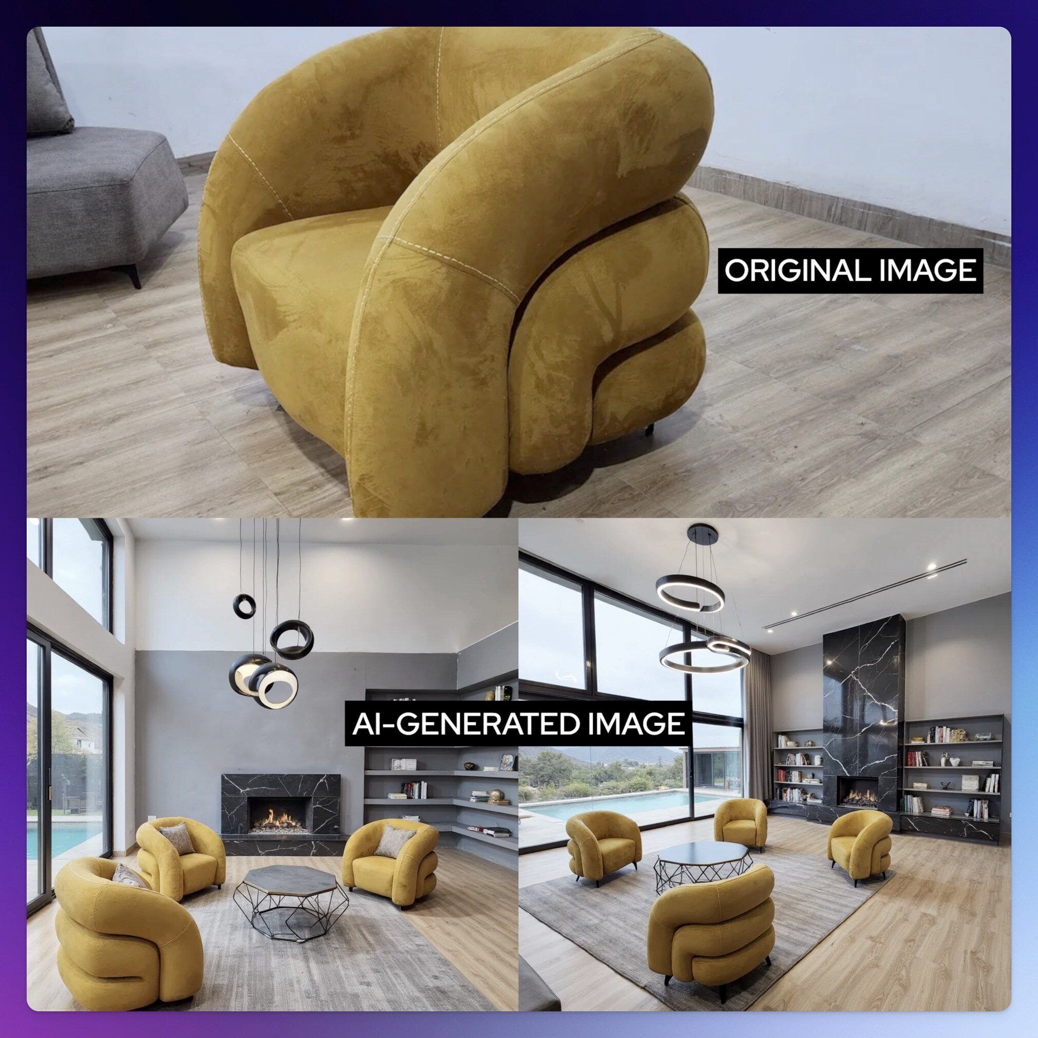 Original mustard-yellow chair and AI-generated scenes placing it in a modern living room. Shown by Redditor u/zeekwithz.