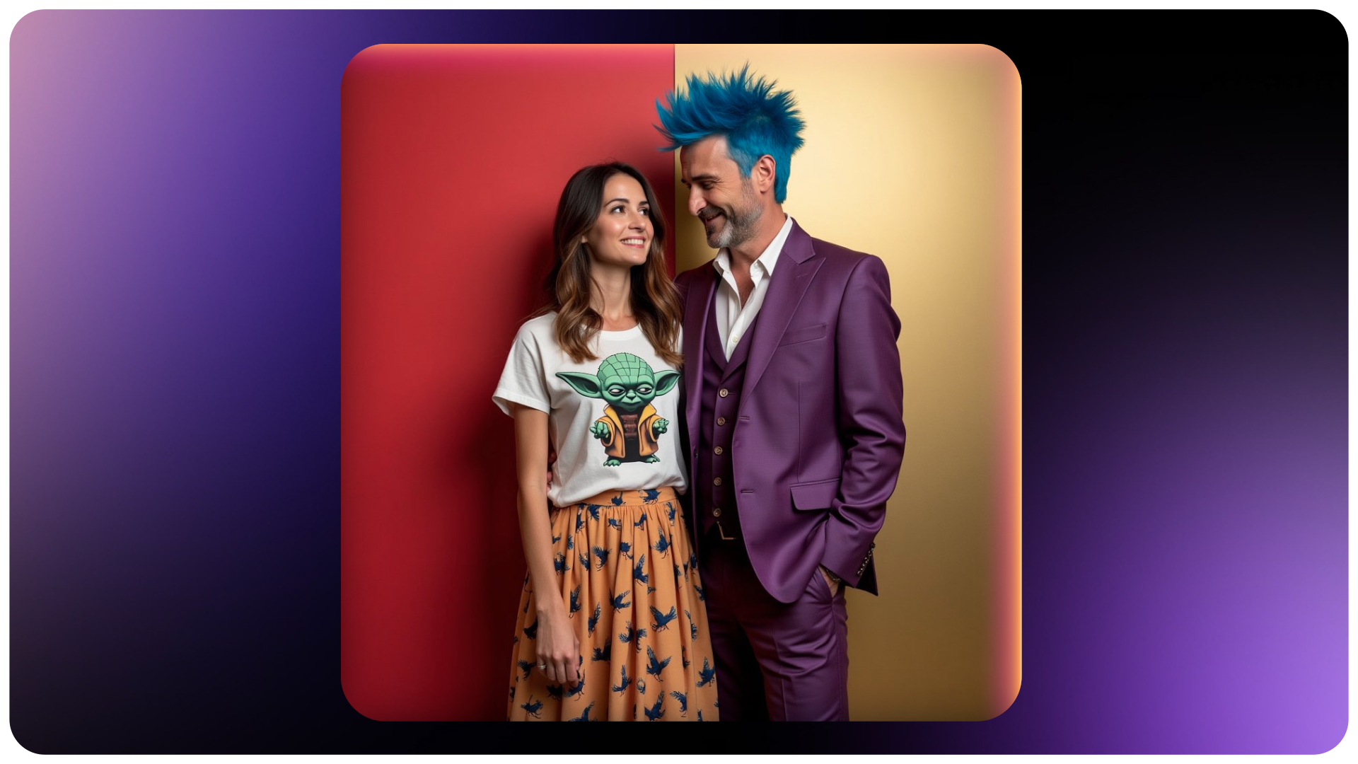 Couple posing: Woman in Yoda shirt, man in purple suit with blue hair.