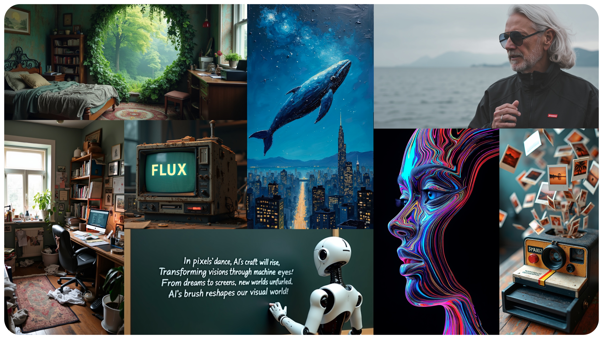 Collage: Nature room, whale over city, man by sea, AI art, vintage tech.