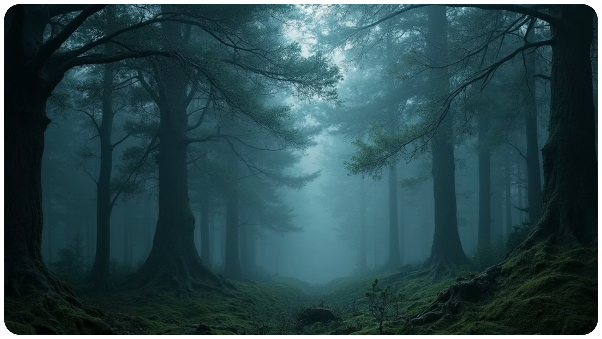 Misty forest path with tall trees and ethereal atmosphere.