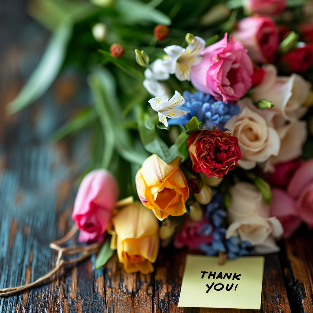 A post-it note on a bouquet of flowers that says "THANK YOU!"
