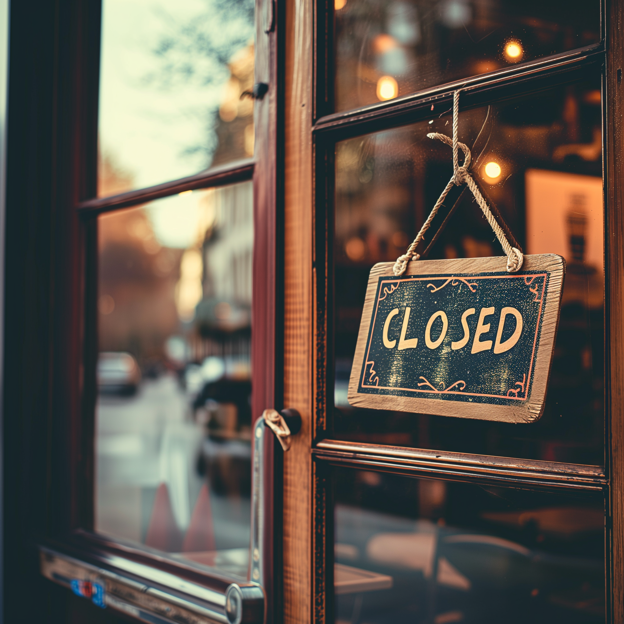 a sign that says "CLOSED" hanging on a glass window of a coffee shop