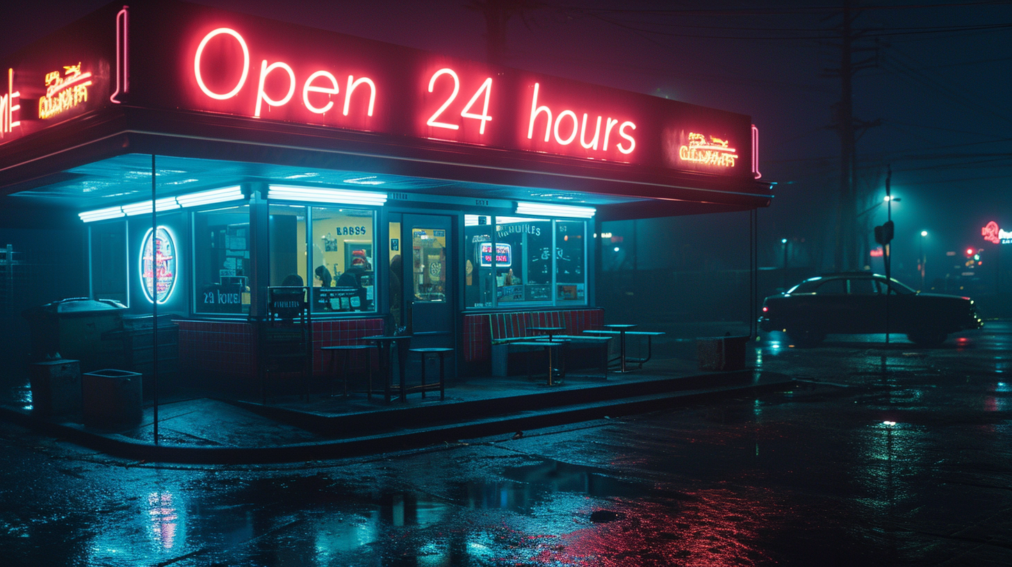 Diner restaurant at night with a neon signage that says "Open 24 hours" outside shot, time of the day is midnight, just rained --ar 16:9