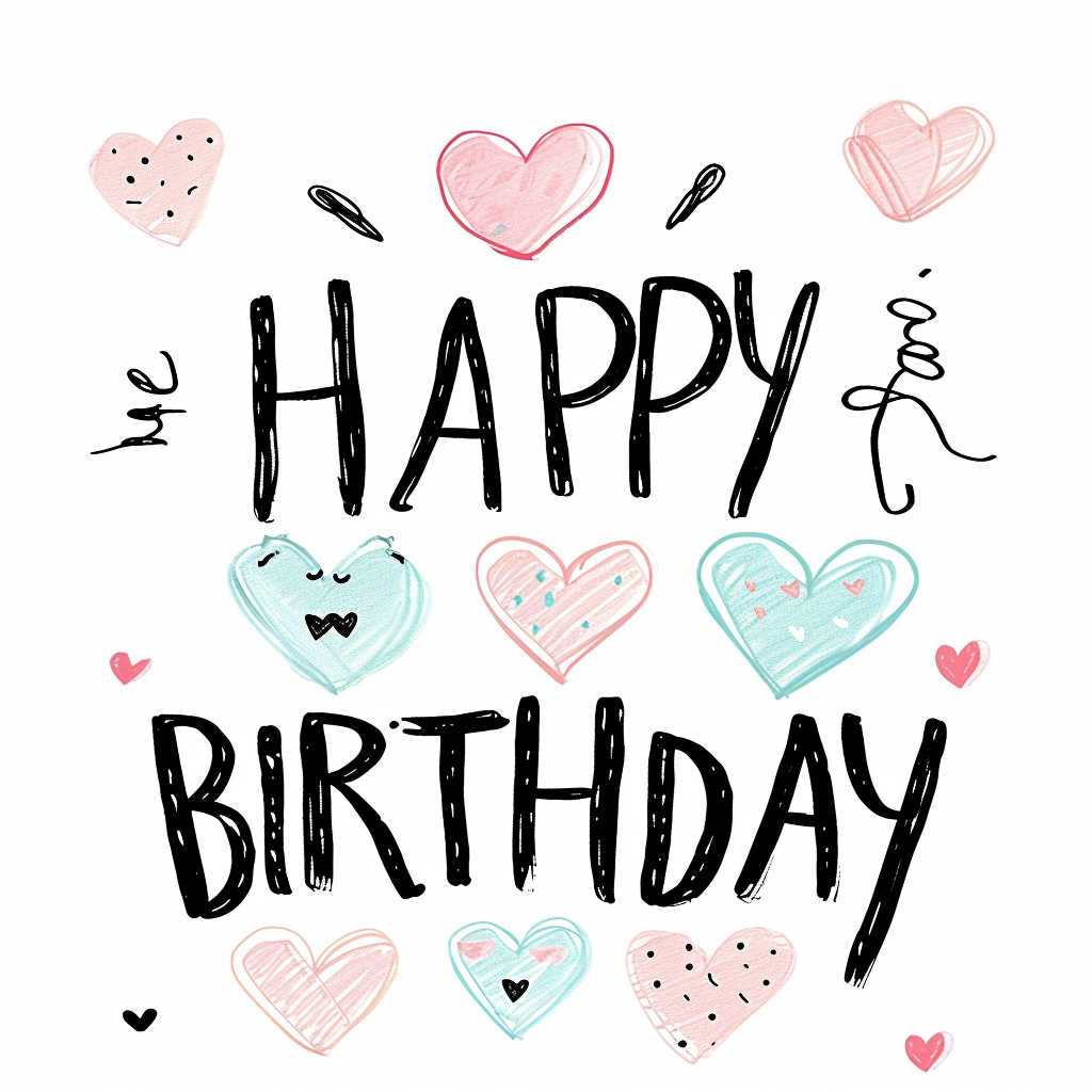 fun handwriting typography that says "HAPPY BIRTHDAY", soft pastel colors, white background, heart doodles 