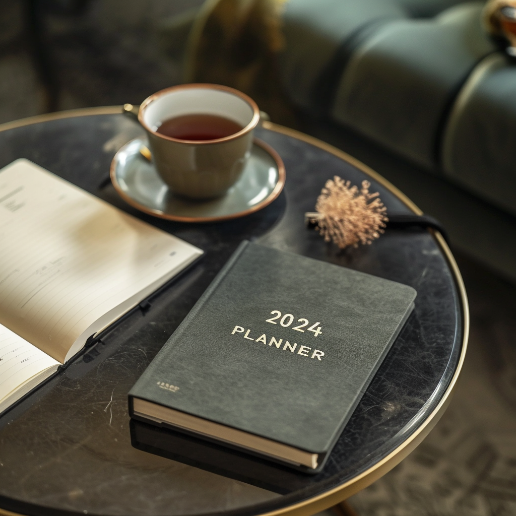 A notebook that says "2024 PLANNER" on the cover, placed on a coffee table