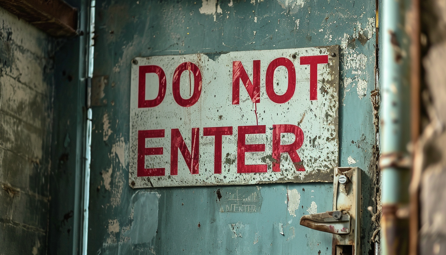 a deteriorating sign on the door of an abandoned building that says "DO NOT ENTER" in red text, cinematic, cool tones --ar 7:4