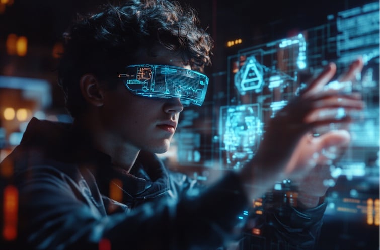 Young man wearing AR glasses is interacting with holographic data