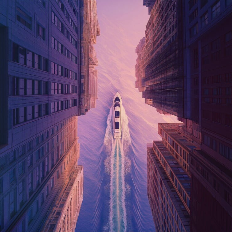 New York street, buildings separated by a speedboat sailing on blue water