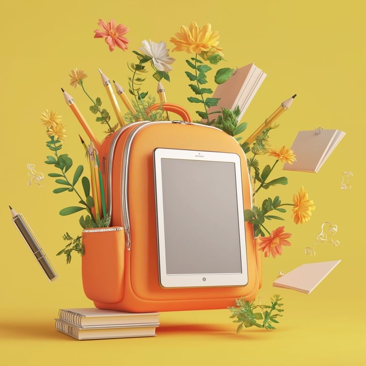 3D render of school supplies flying around and orange backpack with flowers and plants growing