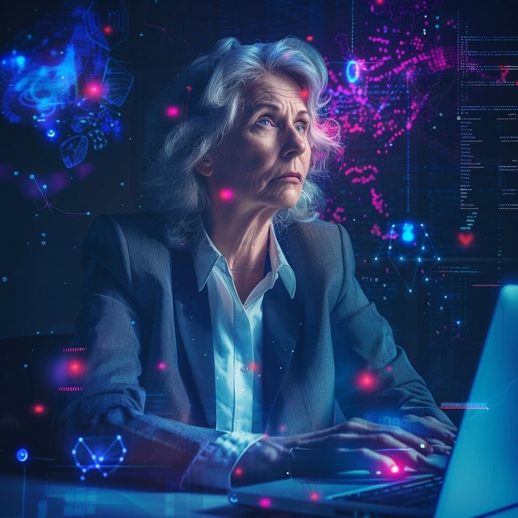 Professional woman looking confused while working with images floating around