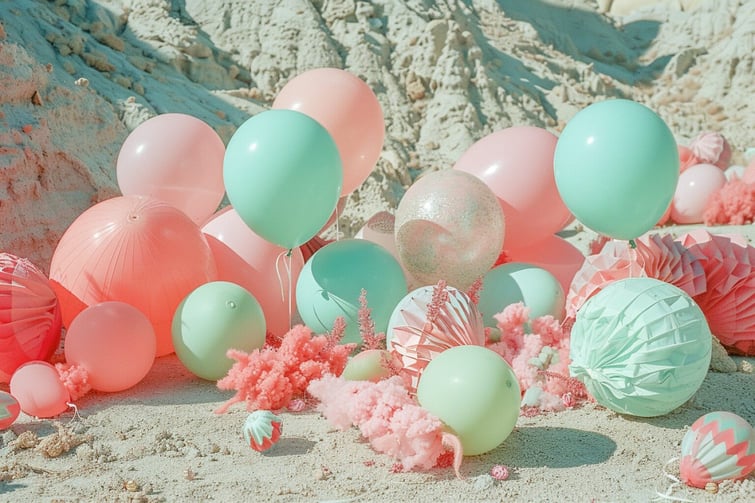 Balloons and different colored decorations laying on ground