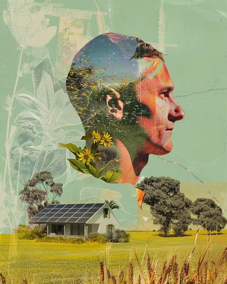 A collage of an Australian man's  and a house with solar panels