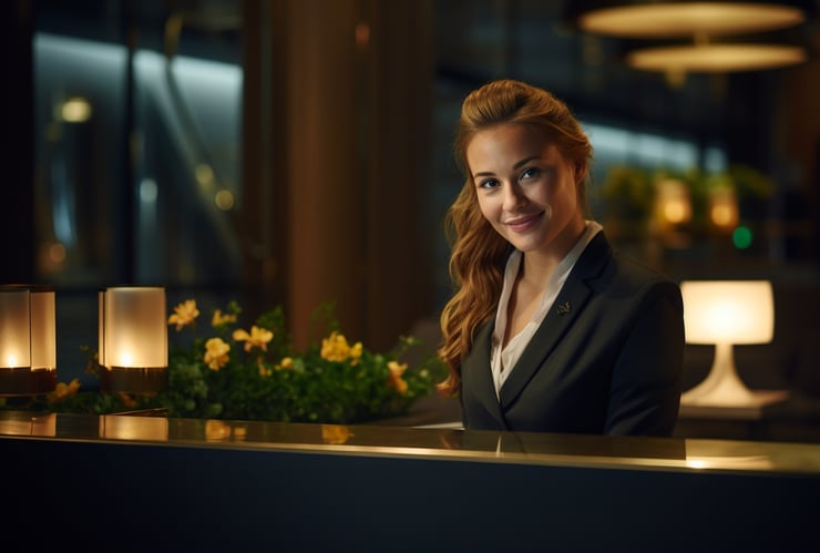 Receptionist smiling at the reception desk