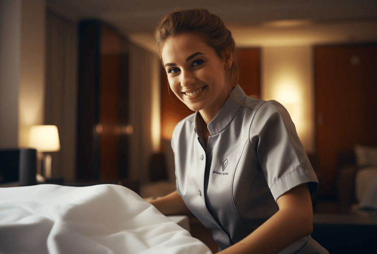 Female hotel room cleaner in hotel portrait preparing the bed