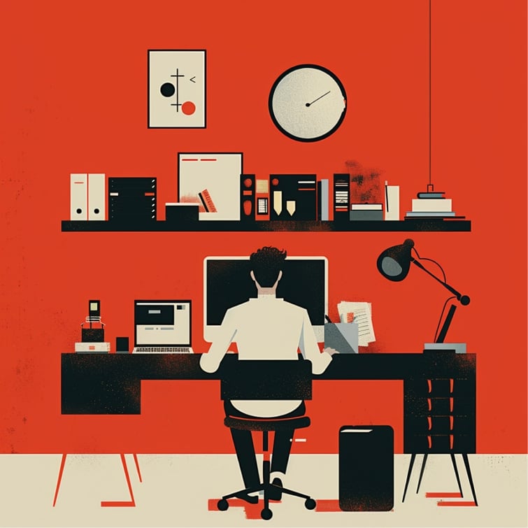Concept flat illustration of a man working in tech, minimal colors