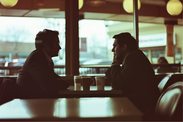 Two employees talking over coffee