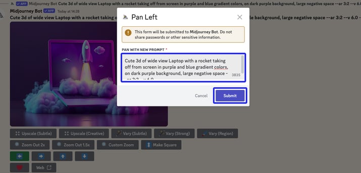 A pop-up containing your prompt will appear. You can edit your prompt or keep it as is, then select “Submit.