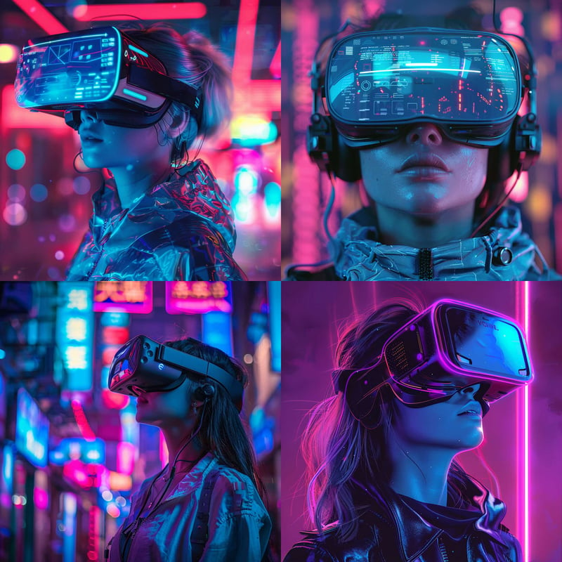 Woman with VR glasses in a cyberpunk style with Stylize value of 100 or Stylize default value