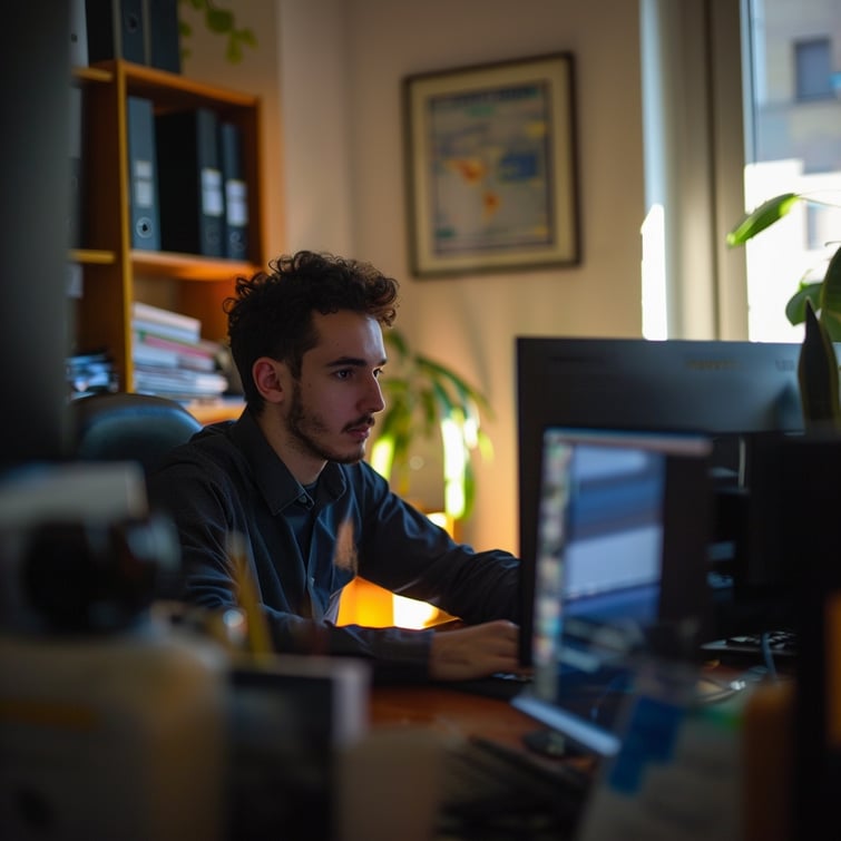 Advertising shot of a young business man sitting behind his desk in his office (Make Square)