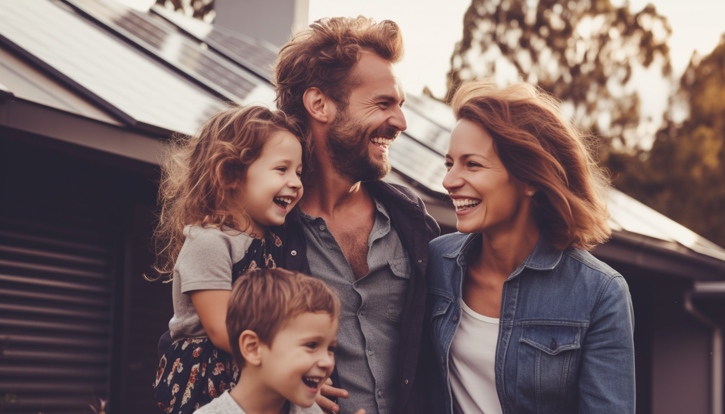 a happy australian family with a mom and dad and a kid in front of a modern home with solar panels on the roof, looking happy and relaxed, candid photography