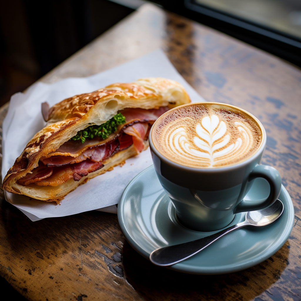 a flat white and bacon and egg roll for lunch