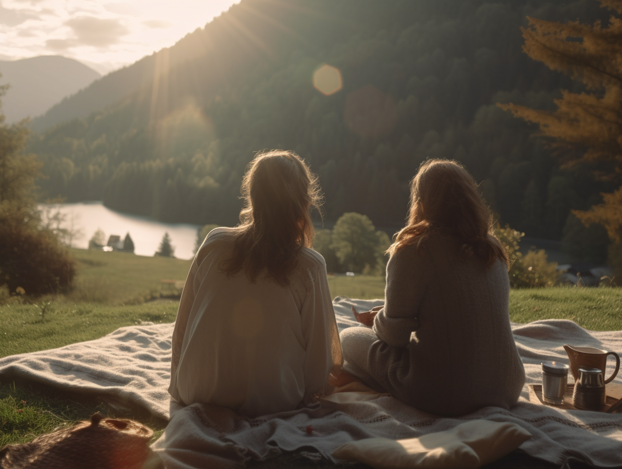cinematic film still of a cottage core picnic in the alps, neutral colors, peaceful moment of connection